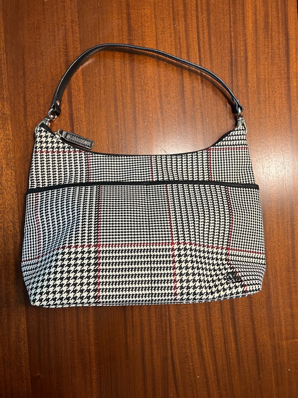 Lauren Ralph Lauren Black & White Houndstooth Shoulder Bag with Red Windowpane